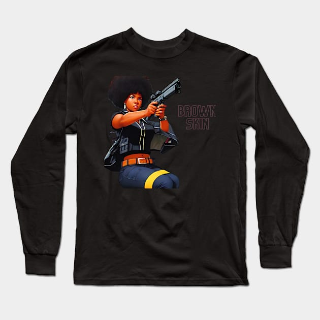 Brown Skin Big Gun Afro Long Sleeve T-Shirt by Brown Skin Garms By Urmajes-Tees 